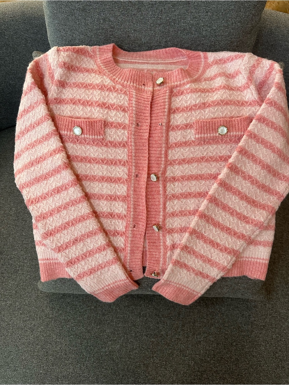 SHEIN Pink and Cream Striped Knit Cardigan